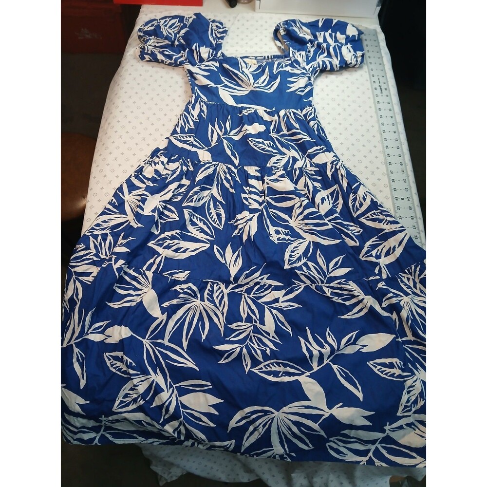 Vintage Kings Ro Hawaiian maxi mermaid flutter sleeves blue & white cotton dress